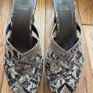 Stuart Weitzman Snakeskin Mules - Brown and Cream